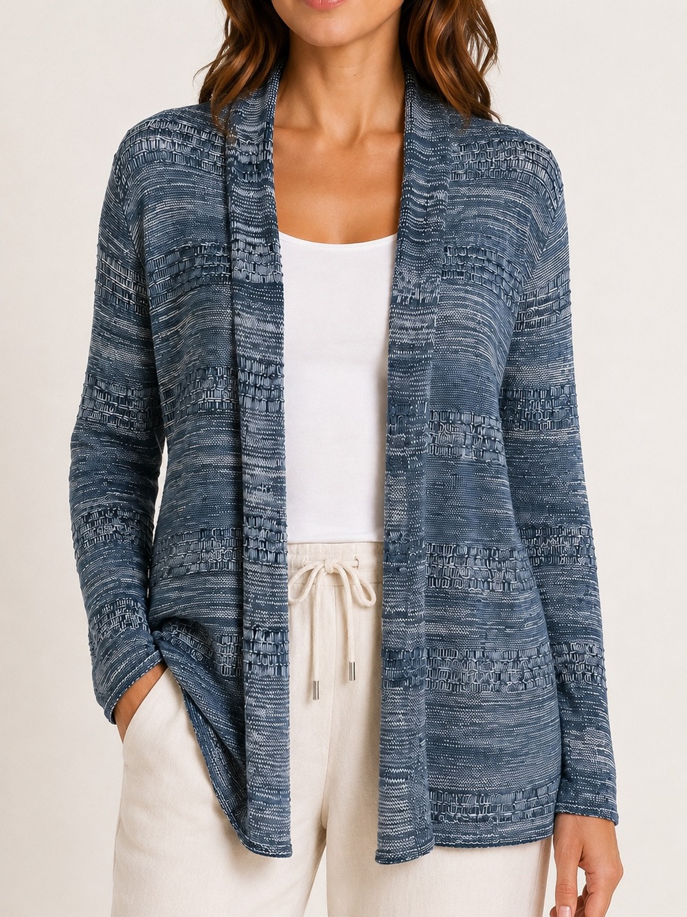 Eddie Bauer 100% Cotton Marled Open Front Knit Cardigan Blue Gray S